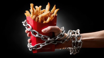 Hand holding a red container of golden French fries, wrapped in heavy chains, symbolizing the struggle between indulgence and restraint in a visually striking composition
