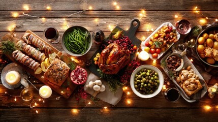 Festive holiday table setting featuring roasted turkey, assorted side dishes, fresh vegetables, and decorative lights, creating a warm and inviting atmosphere for celebration