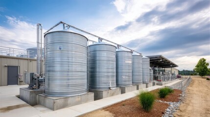 Industrial storage tanks made of stainless steel are lined up outside a modern facility, showcasing advanced technology and efficient design in a commercial setting