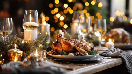 Festive holiday table setting featuring a beautifully roasted chicken centerpiece surrounded by candles, glasses, and greenery, creating a warm and inviting atmosphere for celebration