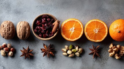 Colorful arrangement of various nuts, dried fruits, and spices on a textured surface, showcasing vibrant oranges, walnuts, and aromatic cinnamon for culinary inspiration