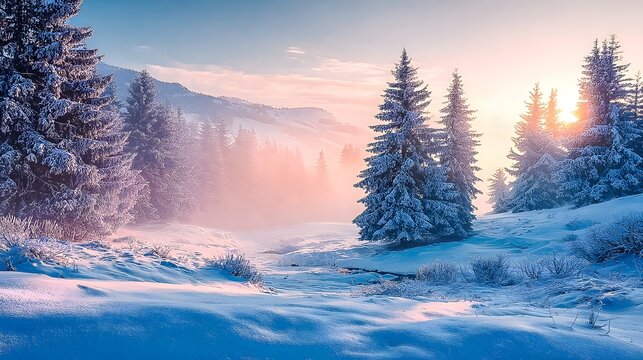 Winter wonderland landscape with snow covered trees and a pastel colored sky