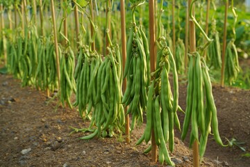 Obraz premium Lush Green Beans Hanging in a Serene Garden Setting, Showcasing Their Freshness and Abundant Growth Amidst Vibrant Greenery