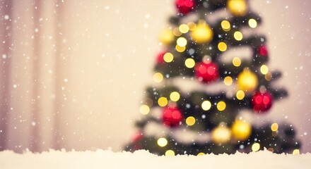 Festive Christmas tree glittering with lights and ornaments in a snowy winter wonderland