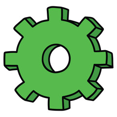Hand-drawn cartoon green cogwheel gear on a white background.