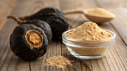 Super food black maca and powder isolated on white background