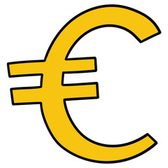 Hand-drawn cartoon yellow euro symbol on a white background.