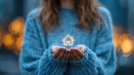 A woman in a blue sweater gently holds a glowing house icon in her cupped hands, symbolizing homeownership, safety, and the warmth of family and dreams for future.