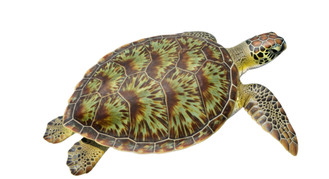Sea turtle top-down view, detailed shell pattern, isolated PNG, soft natural lighting.