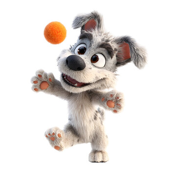 Playful Puppy with Ball: A cheerful puppy, full of energy and joy, leaps with outstretched paws towards a vibrant orange ball, perfectly capturing the exuberance of youth.