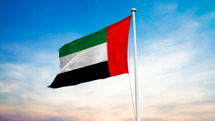 United Arab Emirates flag waving proudly in a bright blue sky, showcasing detailed fabric texture, smooth motion, and realistic lighting symbolizing national pride and unity.