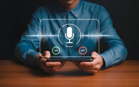 Voice recognition and smart assistant concept with person holding digital tablet showing holographic microphone icon representing AI audio technology