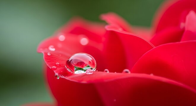 Close-up of a vibrant red rose petal with dew drops and a reflection.