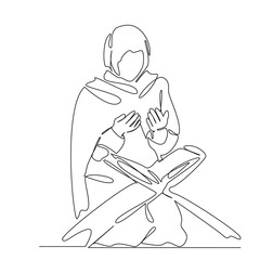 One continuous single drawing line art flat doodle woman, muslim, faith, prayer, praying, religion, belief, koran, religious. Isolated image hand draw contour on a white background, hand drawn, not AI