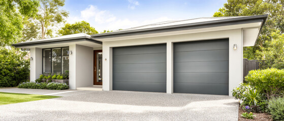 Fototapeta premium Modern house with double garage entrance and landscaped front yard in bright daylight
