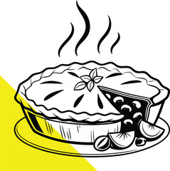 Delicious pie with fruit and steam a bold black and white silhouette