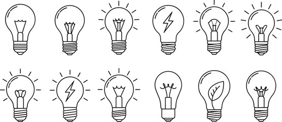 Innovative Lightbulbs Illustrating Ideas and Solutions in Business and Technology, Representing Inspiration and Creativity in Graphic Designs, a Vector Outline Set for Presentations and Marketing Mate