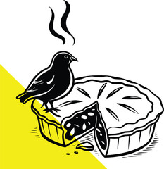 A blackbird perched atop a pie a whimsical black and white silhouette