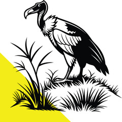 Striking black and white illustration of a vulture amidst tall grass silhouette