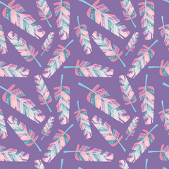 Seamless pattern of colorful bird feathers. Abstract background. Cartoon vector illustration for the design of postcards, posters, banners, websites, and printing.