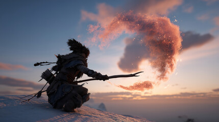 Arctic shaman performs magic in the snowy north during a vibrant winter sunset