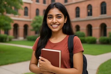 female college student, female student with books, female college student with backpack, young indian Girl holding a book