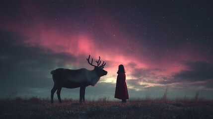 Fototapeta premium Shaman stands with reindeer below the northern lights in the Arctic winter night