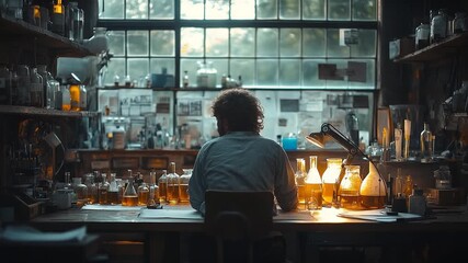 A lone scientist working diligently in a dimly lit laboratory filled with various beakers and chemicals, illuminated by natural light from a large window. - Powered by Adobe