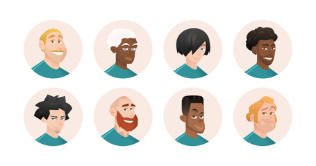Cartoon vector avatars of 8 smiling male football players of different ethnicities in blue jerseys. Stylized, flat characters on skin-toned backgrounds