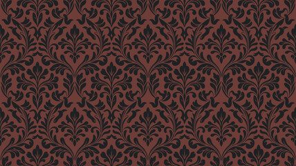 A seamless damask pattern with black floral ornaments on a dark red background repeating across the image