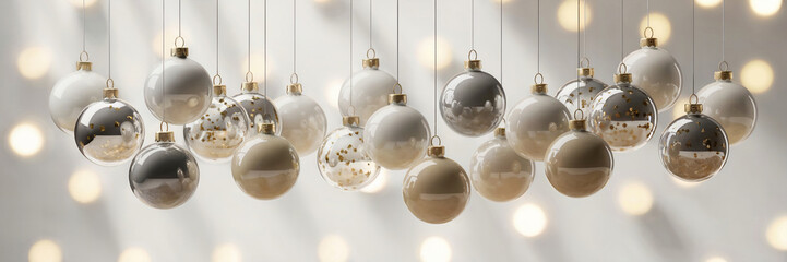 A collection of hanging Christmas baubles in white, silver and champagne colors  with gold accent against a soft white bokeh background. 