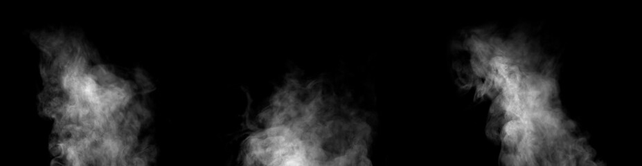 White smoke or steam isolated on black background, rising softly in abstract shape. Perfect for design overlays, vapor effect, hot coffee, cooking, fire, or mystery concept backgrounds.