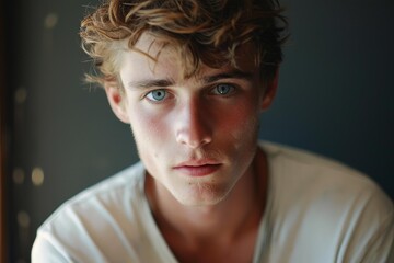 Close up portrait of a serious young man with blue eyes and red hair, wearing a white t shirt and posing indoors against a dark background