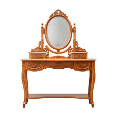 An elegant antique vanity, featuring ornate carvings, a large oval mirror, and multiple drawers.