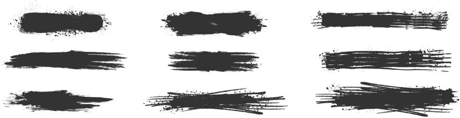Set of black grunge brush stroke textures, hand-drawn paint lines with rough edges isolated on white background, abstract artistic design elements for poster, logo, or modern digital artwork.