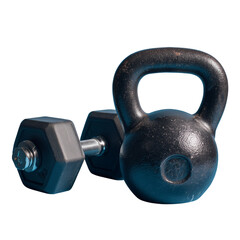 A classic dumbbell and kettlebell set, symbols of strength and fitness, stand ready for a workout session.