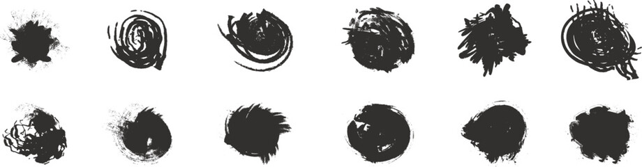 Set of black ink brush circle textures, grunge paint stains and splatter marks isolated on white background, abstract round design elements for logo, poster, art, or modern graphic decoration concept.