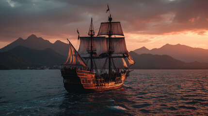 Fototapeta premium Explore the adventures on a pirate ship during the golden age of piracy at sunset