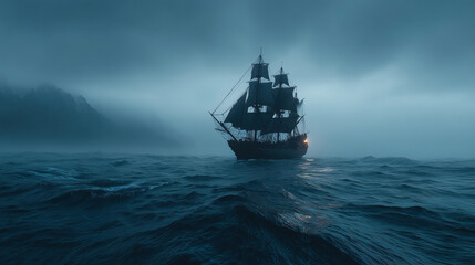 Fototapeta premium Epic pirate ship sailing through stormy waters during the golden age of piracy