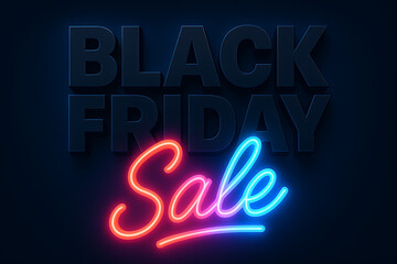 Black friday sale neon light sign in bright pink and blue script against a dark background with embossed 3d text for massive shopping discounts