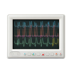 A close-up view of a modern medical monitor displaying intricate, colorful waveforms and readings