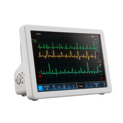 A close-up shot of a medical-grade monitor displaying vital signs with a focus on the screen