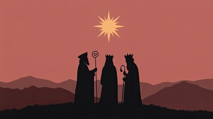 Silhouette of three kings with crowns and staffs, guided by a radiant star in a mountainous landscape at sunset, representing the biblical narrative of the magis pilgrimage.
