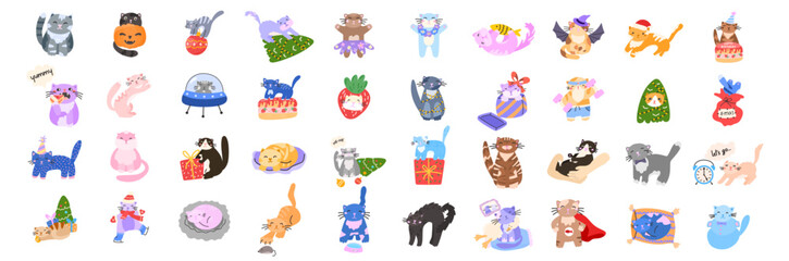 Vector set of cat and kitten for different themes, New Year, Christmas, summer, sports, Halloween, birthday, Santa, space. Perfect for stickers, clipart, holiday designs, character collections