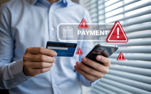 Online payment warning and fraud alert concept with person holding credit card and phone showing digital cybercrime and financial security risk message