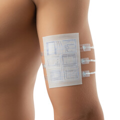An close-up shot showcasing a medical patch securely affixed to a human arm, suggesting innovation, research, and patient care.