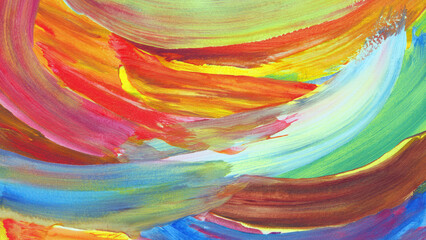 Thick, vibrant acrylic painting created with circular brush strokes. An energetic abstract art background in shades of red, yellow, and blue.