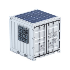 A self-sufficient container harnesses the sun's power, showcasing innovative, sustainable solutions for eco-conscious living and off-grid energy.