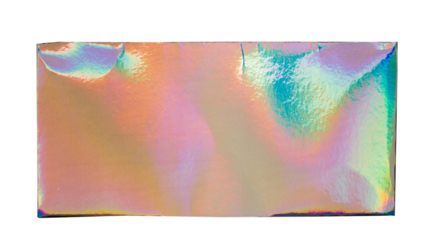 Vintage rectangle holographic shiny sticker. Original foil hologram label seal. Realistic photography, png isolated on transparent background.