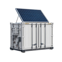 A high-tech container with a sleek solar panel, set against a simple background. An emblem of sustainable power